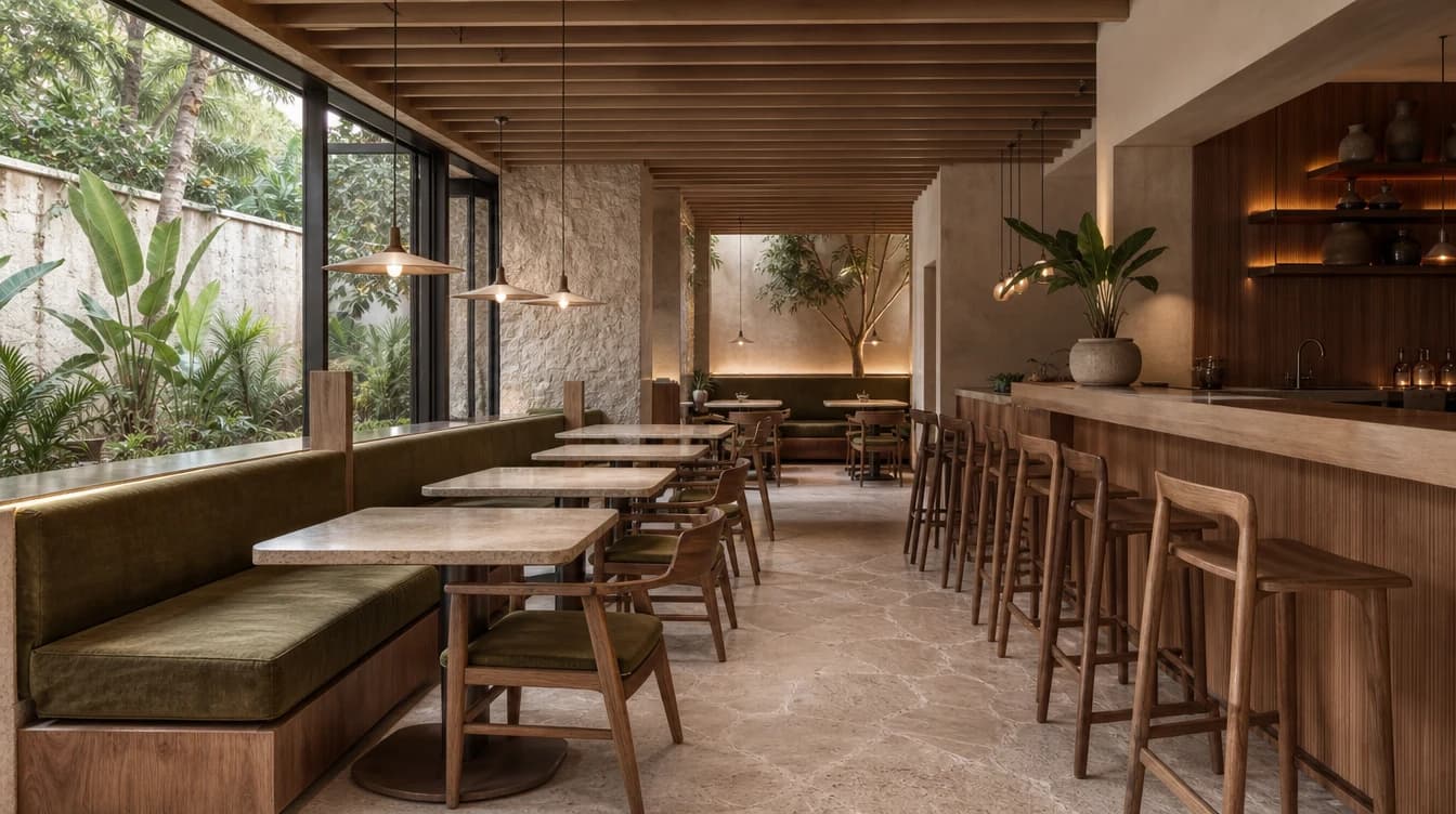 Estudio conceptual de restaurante luminoso con barra y mobiliario integrado