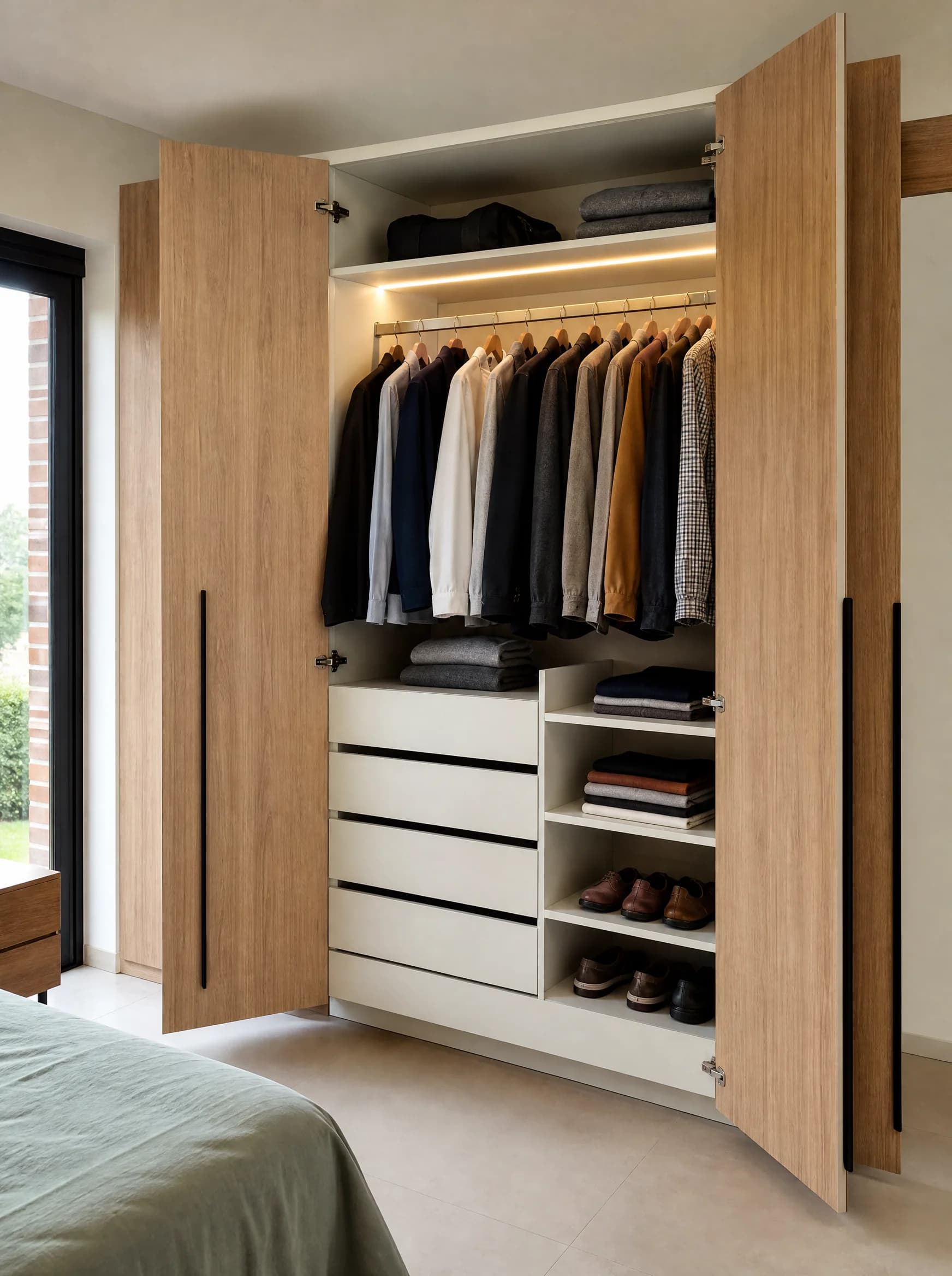 Placard abierto con interior organizado en blanco y roble