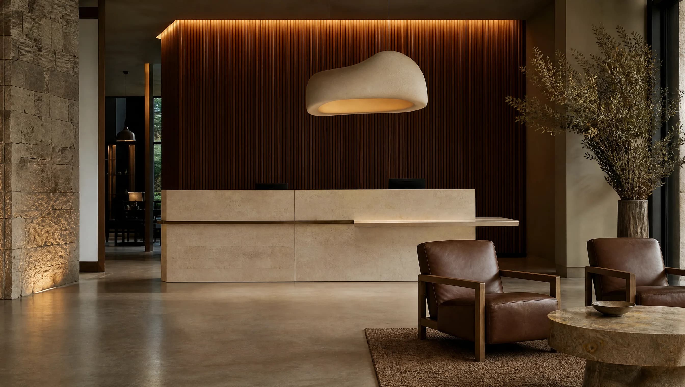 Lobby de hotel con recepción monolítica de travertino