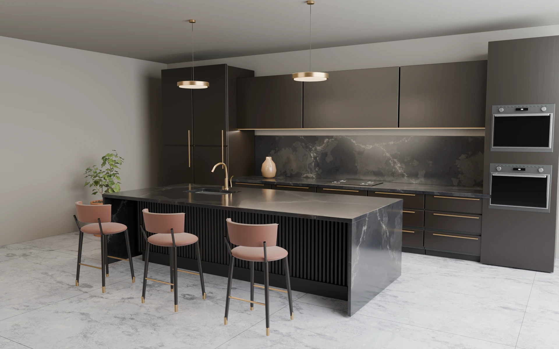 Render de la misma cocina del visor 3D, con isla de piedra, frentes de madera oscura y tres banquetas.